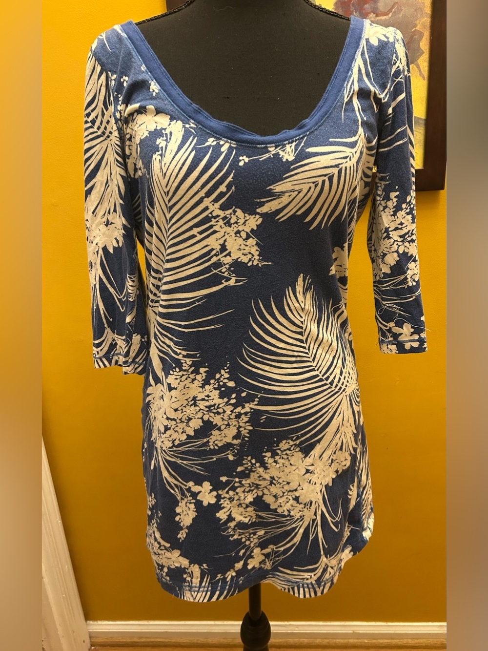 Vintage Y2K Hollister Blue Tropical Leaves Print Cross Back Cotton Stretchy Mini
